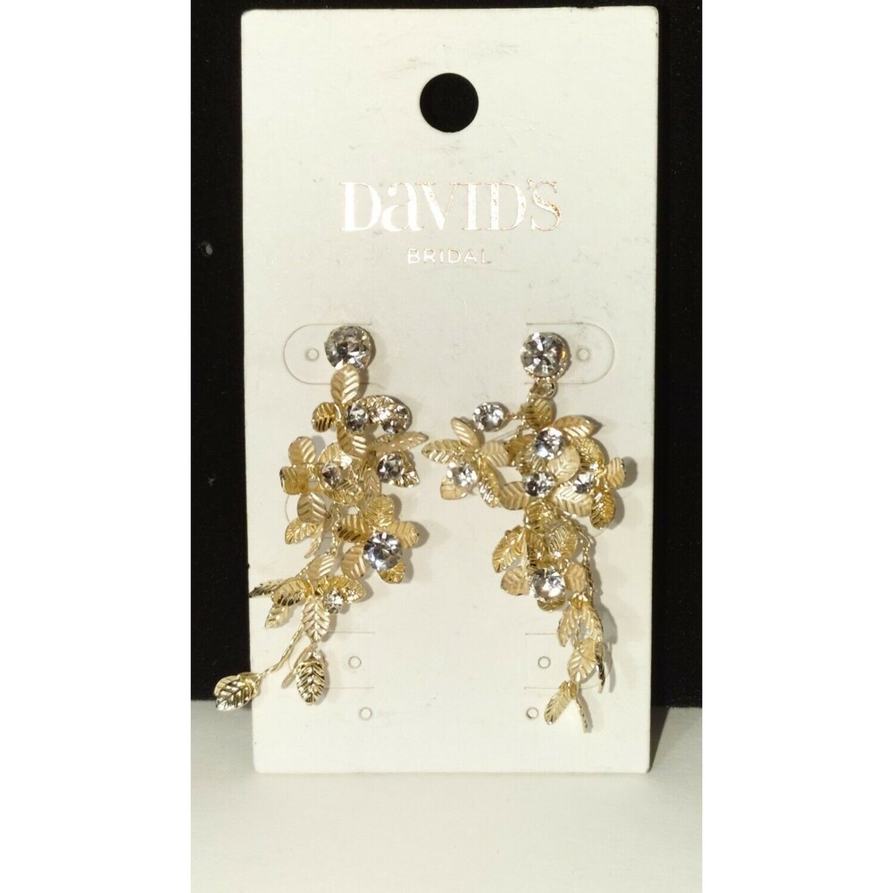 Davids Bridal Delicate Gold Leaves Rhinestone Drop Romantic Statement Earrings